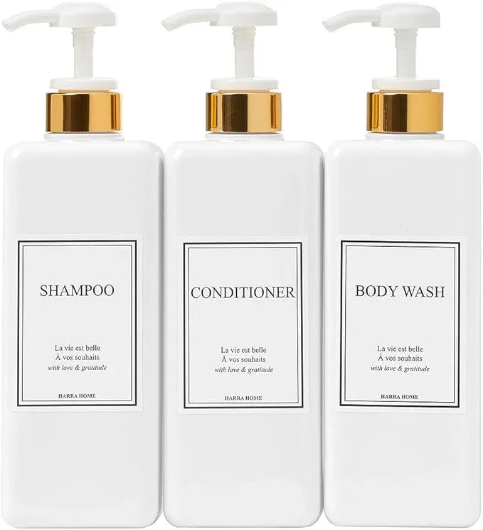 Modern Gold Design Shampoo and Conditioner Dispenser, Large 27oz Shower Soap Dispenser, Set of 3 Refillable Empty Plastic Pump Bottles for Bathroom and Body Wash (6 Waterproof Labels Included), White - ModernBath