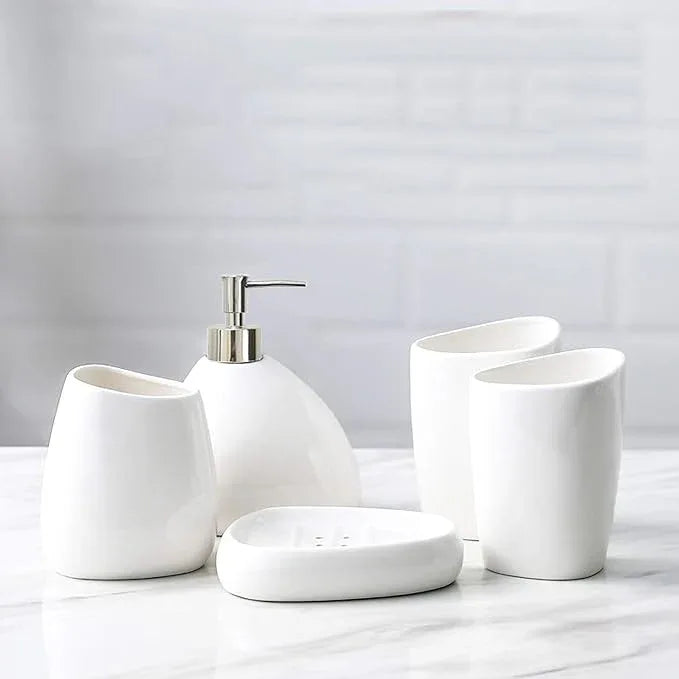 BLBYHO White Ceramic Bathroom Accessory Set, Bathroom Vanity Countertop Set, Bathroom Soap Dispenser and Toothbrush Holder Set Complete, 2 Tumbler Cup, Soap Dish, 5 Pieces - ModernBath
