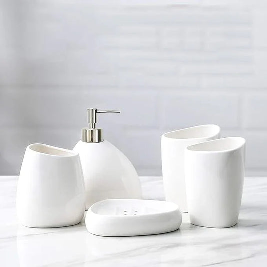 BLBYHO White Ceramic Bathroom Accessory Set, Bathroom Vanity Countertop Set, Bathroom Soap Dispenser and Toothbrush Holder Set Complete, 2 Tumbler Cup, Soap Dish, 5 Pieces - ModernBath