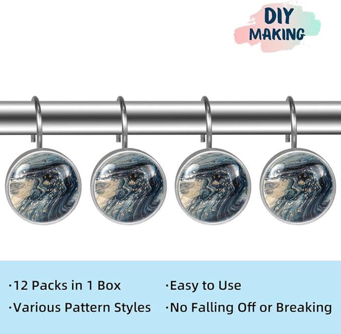 12 Pcs Decorative Shower Curtain Hooks, Rust Proof Glass Surface Stainless Steel Rings for Bathroom Bedroom Kitchen Home Bath Room Rods Decor (Black Gold Liquid) - ModernBath