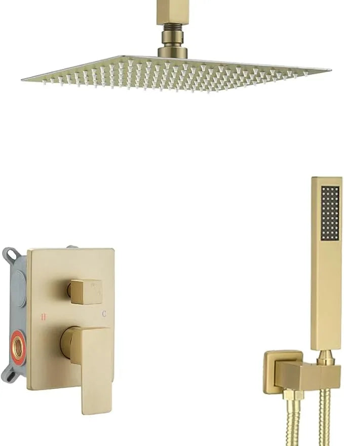 Heable Shower System ‎Brushed Gold Bathroom 10 Inch Rain Shower Head Ceiling Mount with Handheld Luxury High Pressure Shower Combo Set Shower Faucet Rough-in Valve Body and Trim Kit - ModernBath