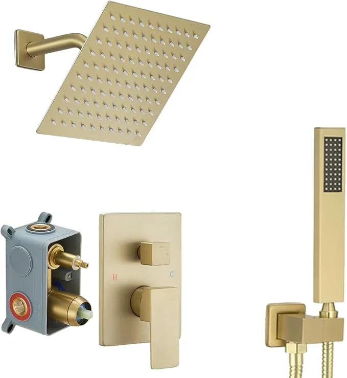 Heable Brushed Gold Shower System with High Pressure 8'' Rainfall Shower Head, Handheld Shower head, Bathroom Luxury Rain Mixer Shower Combo Set Wall Mounted Shower Faucet Rough-in Valve and Trim Kit - ModernBath