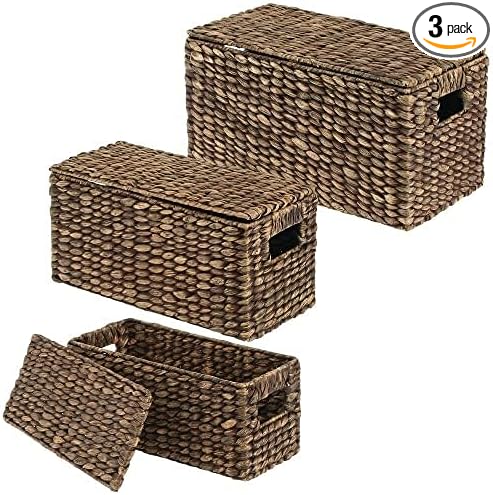mDesign Woven Water Hyacinth Rectangle Storage Organizer Basket Bin with Topper Lid and Handles - Natural Farmhouse Holder Containers for Closet, Bedroom, Bathroom, Office - Set of 3 - Dark Brown