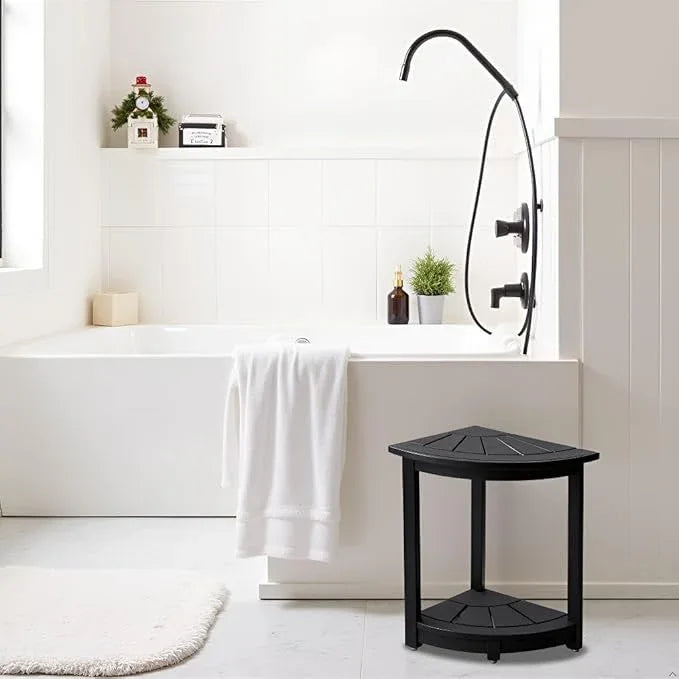 VICTORY RELAX Acacia Wood Corner Shower Stool - Waterproof Triangular Bathroom Bench with Storage Shelf & Soap Dish for Shaving, Black Wood (17.9x12.7x16.5) - ModernBath