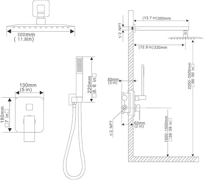Heable Matte Black Shower System 12 Inches Bathroom Luxury Rain Shower Head with Handheld Combo Set Wall Mounted High Pressure Rainfall Shower Head System Shower Faucet with Valve and Trim Kit - ModernBath