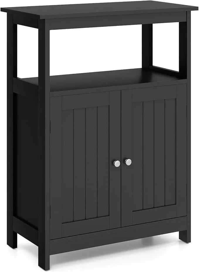 GOFLAME Bathroom Cabinet, Floor Storage Organizer with 2 Doors, 2 Open Shelves, 3-Level Adjustable Shelf, Modern Storage Unit for Laundry Room, Entryway, Living Room, Black - ModernBath