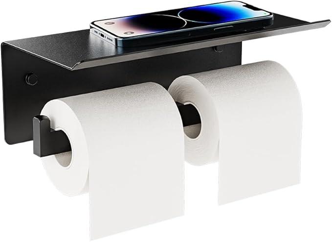 Double Toilet Paper Holder with Shelf, FreshGlow Tissue Holder Matte Black, Wall Mount Commercial Toilet Paper Dispenser Phone Shelf Stainless Steel, Tissue Roll for Bathroom - ModernBath