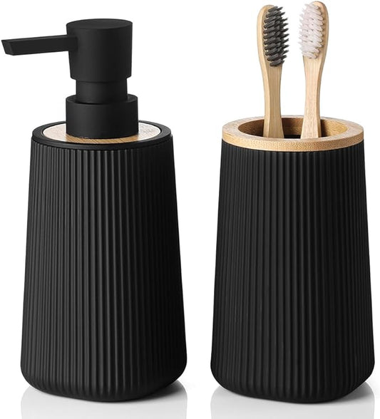 YAUKPH Bathroom Accessories 2 Piece Soap Dispenser and Toothbrush Holder Set Striped with Bamboo Decor Black