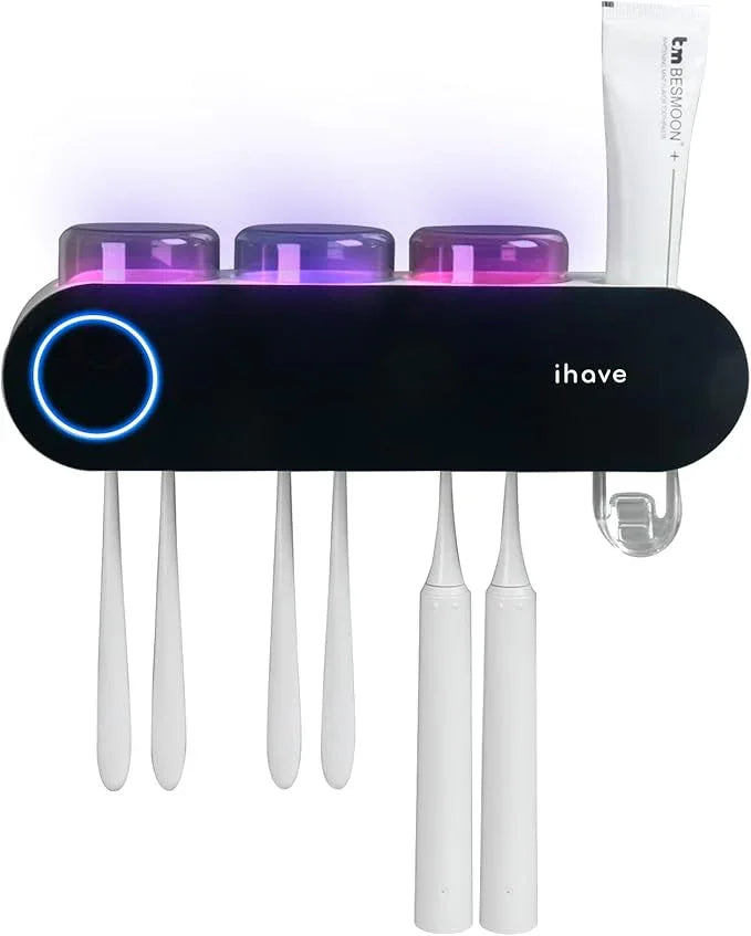 iHave Wall Mounted Electric Toothbrush Holders with 3 Cups, UV Sanitizer, Toothpaste Dispenser, Smart Home Bathroom Accessories & Decor, Black - ModernBath