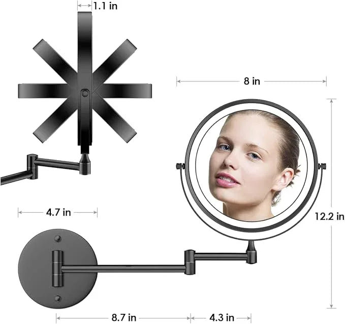 Rocollos Rechargeable Wall Mounted Lighted Makeup Mirror, 8 Inch Double-Sided LED Vanity Mirror 1X/10X Magnification,3 Color Lights Touch Screen Dimmable 360°Swivel 13 Inch Extendable - ModernBath