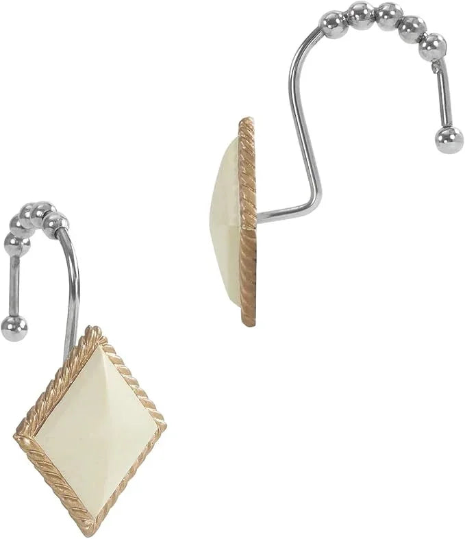 Cream Beige Gold Shower Curtain Hooks Rust Proof, Modern Boho Geometric Decorative Shower Hooks for Shower Curtain, 5 Roller Ring Balls Farmhouse Bathroom Shower Curtain Hooks, Set of 12 - ModernBath