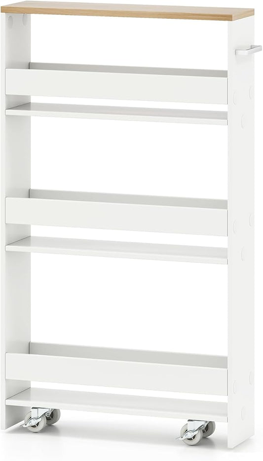 Small Kitchen Cart, 4-Tier Slim Rolling Island w/Handle, Laundry Room Storage Organizers Between Washer and Dryer, Narrow Spice Rack on Wheels Next to Fridge (White & Natural, 5'')