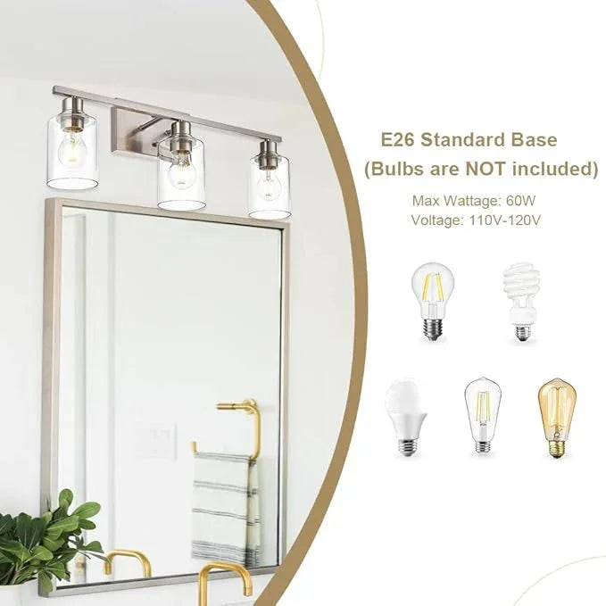 VINLUZ Metal Brushed Nickel 3 Lights Wall Light,Indoor Vanity Light Fixture with Clear Glass Shade Farmhouse Bathroom Lighting Fixtures Over Mirror for Porch Workshop - ModernBath