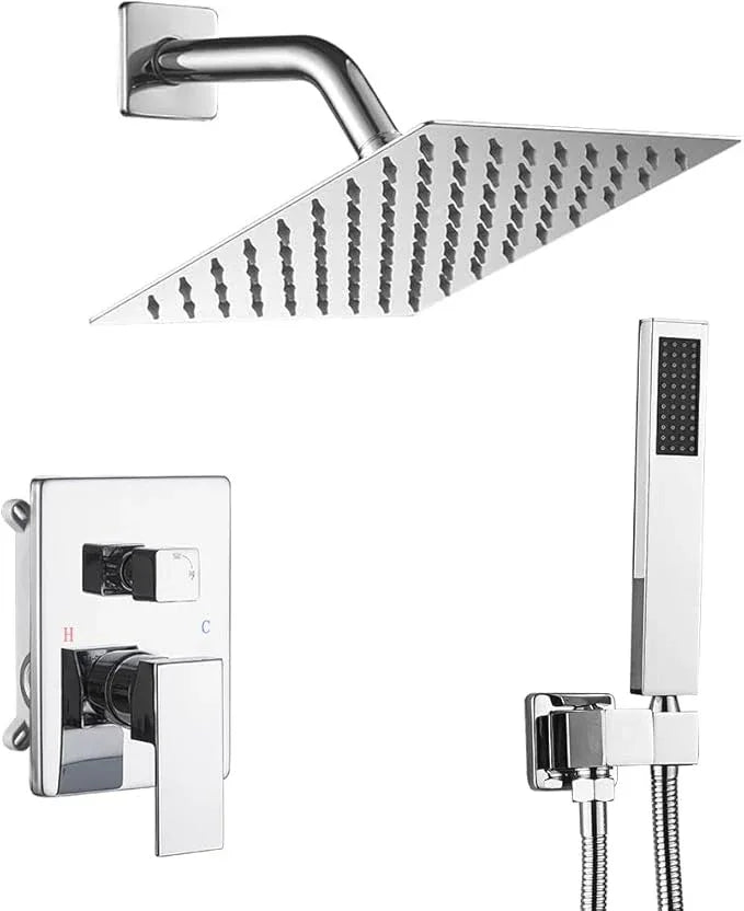 JingGang Shower System Polished Chrome Bathroom Rainfall Shower Faucet Set Complete Wall Mounted 8 Inch Shower Head and Handle Set with Rough-in Valve Body and Trim Kit - ModernBath