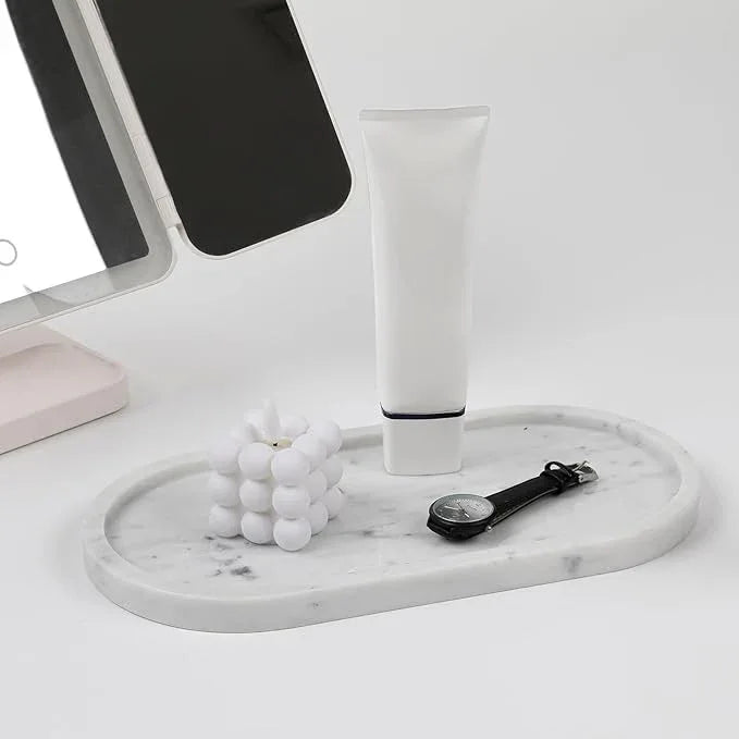 Faticdorr Carrara White Marble Tray, 2 Pcs, Marble Vcnity Tray, Bathroom, Decor for Trinket Perfume Jewelry Candle, 12 Inch Oval - ModernBath