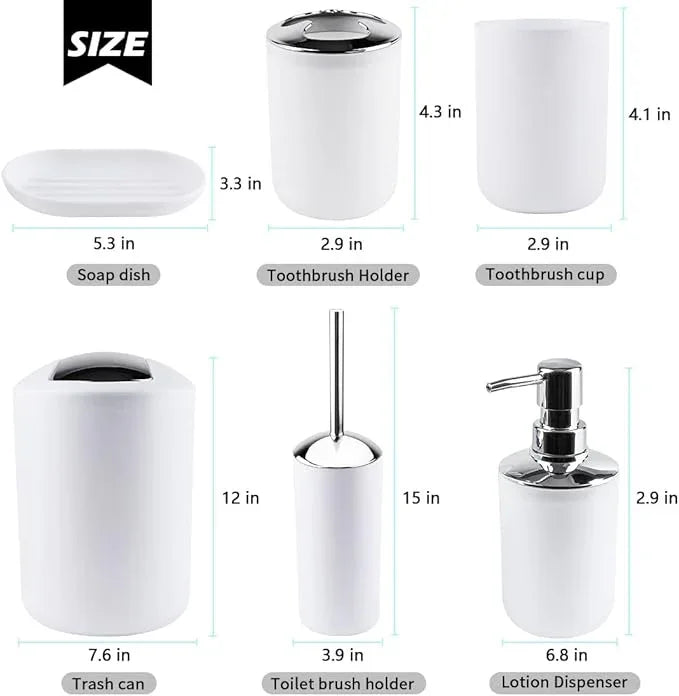 Papillon 6-Piece Bathroom Organization Set, Toothbrush Holder with Cup, Soap Dispenser & Dish, Toilet Brush, Trash Can, Tumbler Set (White) - ModernBath