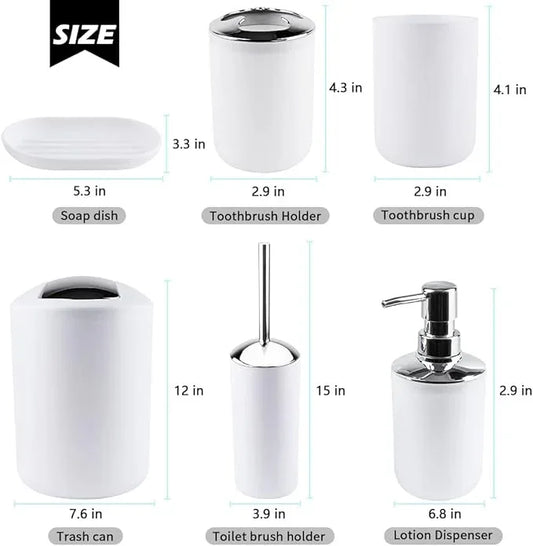 Papillon 6-Piece Bathroom Organization Set, Toothbrush Holder with Cup, Soap Dispenser & Dish, Toilet Brush, Trash Can, Tumbler Set (White) - ModernBath