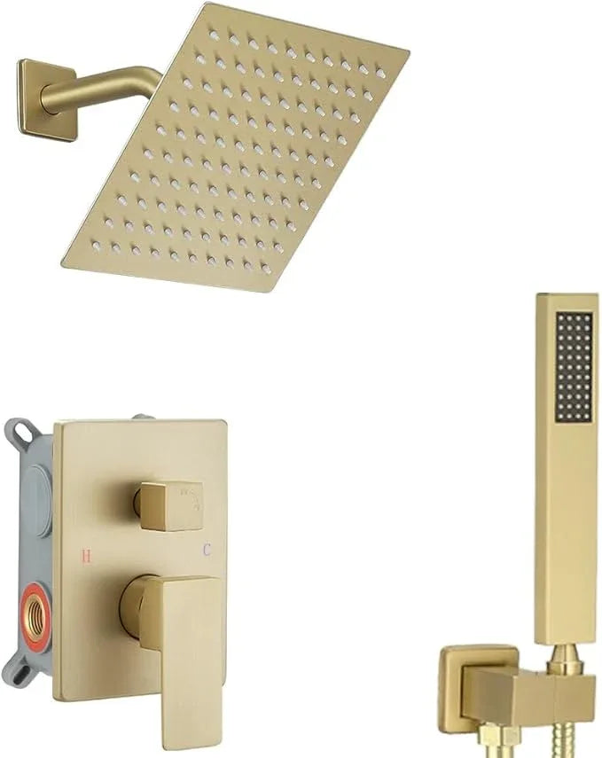 JingGang Brushed Gold Shower System 8 Inch Bathroom Luxury Rain Mixer Shower Combo Set Wall Mounted Rainfall Shower Head and Handheld System Shower Faucet Set Rough-in Valve Body and Trim Kit - ModernBath