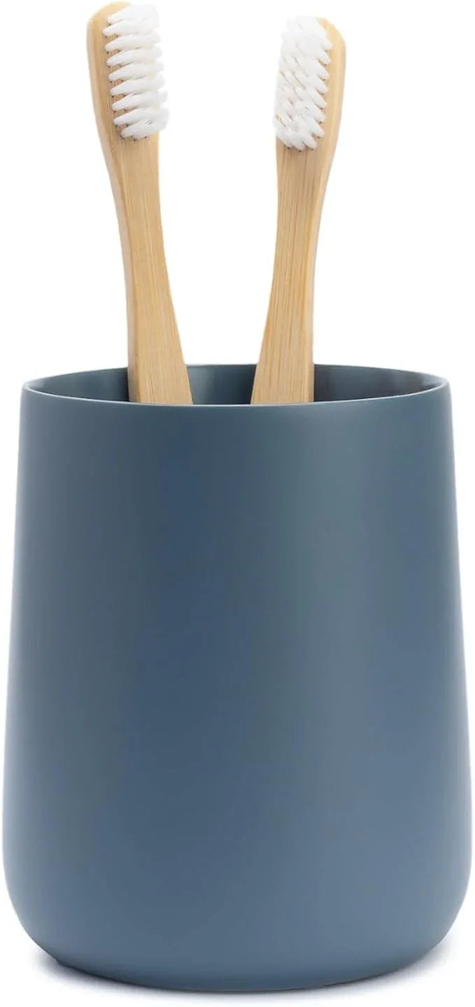 Yew Design Matte Blue Toothbrush and Toothpaste Holder and Cup for Bathroom Vanity and Countertop, Round Organizer for Electric Toothbrushes, Floss, Razors, Cotton, and Mouthwash - ModernBath