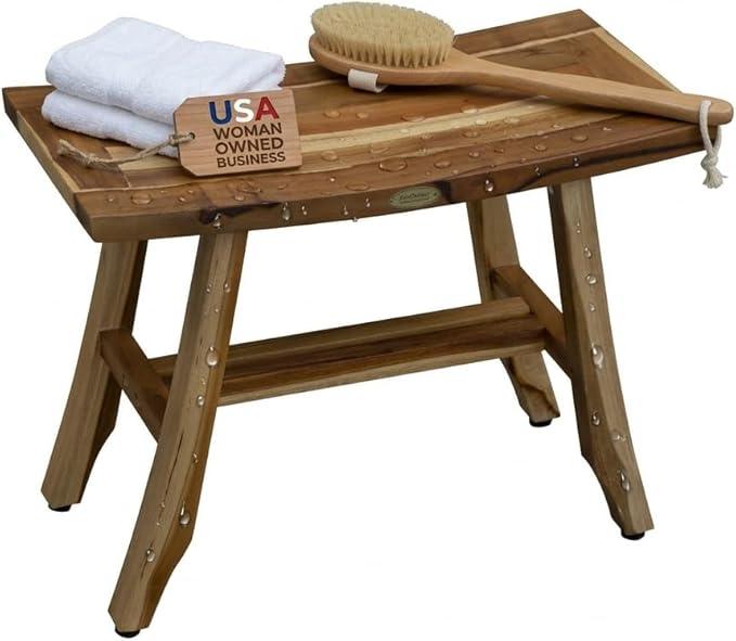 EcoDecors 24 Inch Satori Natural Teak Waterproof Teak Wood Shower Bench Stool Seat Chair for Inside Shower Provides Safety, Storage, and Organization for Bathroom Accessories - ModernBath