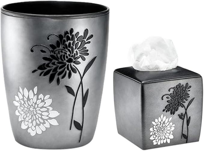 Zahari Home 2pc Erica Bathroom Decor Set Waste Basket for Bathroom & Tissue Cover Modern Classic Decor Stylish Unique Design Beautiful Grey Bathroom Accessories Set - ModernBath