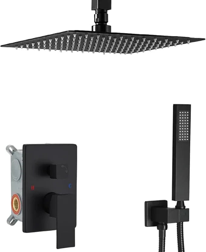 JingGang 10 Inch Ceiling Mounted Shower System Rain Mixer Shower Combo Set Rainfall Shower Head System Matte Black Shower Faucet Rough-in Valve Body and Trim Kit Included - ModernBath