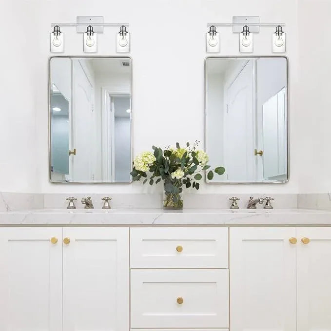 VINLUZ 3 Light Wall Light Fixture with Clear Glass Shade Classic Bathroom Vanity Lighting Fixture in Chrome Finish Metal Wall Mounted Lamp for Powder Room Hallway - ModernBath