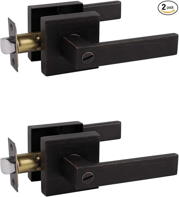 Probrico 2 Pack Privacy Lever Door Handles Square Locking Leverset [for Bedroom or Bathroom] Reversible for Right & Left Sided Doors Heavy Duty - Oil Rubbed Bronze - ModernBath