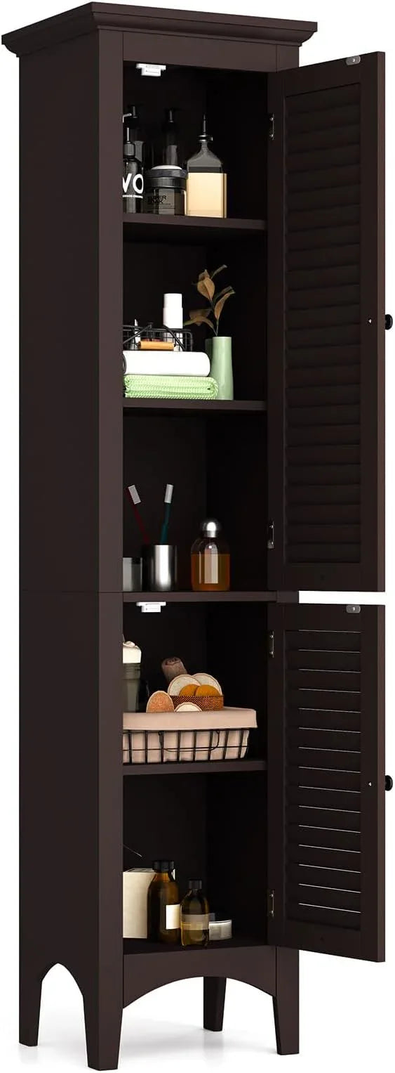 Tangkula 63" Tall Bathroom Storage Cabinet, Freestanding Narrow Linen Tower with Adjustable Shelf, Modern Slim Floor Cabinet with 2 Doors for Bathroom, Living Room, Kitchen (Brown) - ModernBath