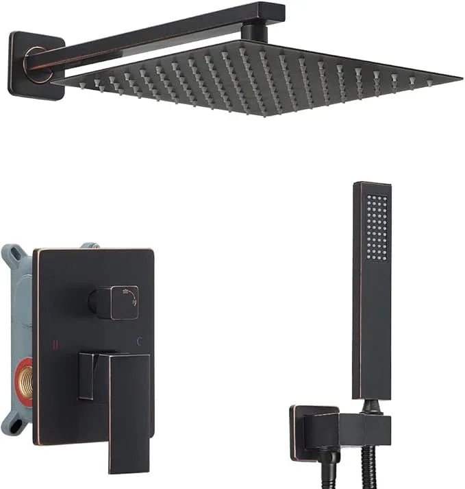 Heable Oil Rubbed Bronze Shower System 10 Inches Bathroom Luxury Rain Shower Head with Handheld Combo Set Wall Mounted High Pressure Rainfall Shower Head System Shower Faucet with Valve and Trim Kit - ModernBath
