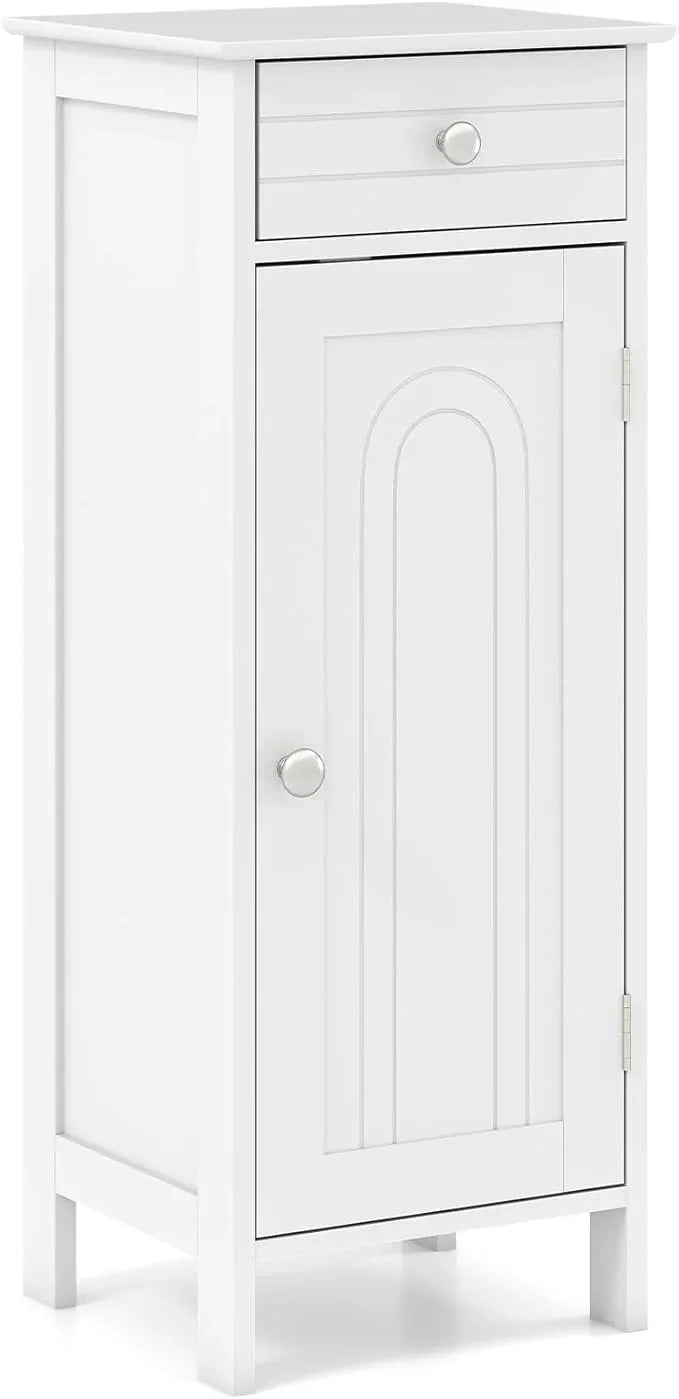 Tangkula Bathroom Floor Cabinet, Free-Standing Single Door Storage Cabinet with Drawer & 2 Adjustable Shelves, Wooden 14”L Narrow Side Storage Organizer for Small Spaces, Living Room, Kitchen (White) - ModernBath