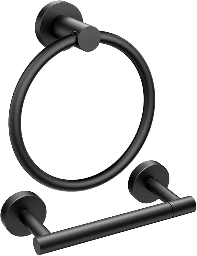 FORIOUS Matte Black Toilet Paper Holder Wall Mount, SUS304 Stainless Steel Double Post Pivoting Tissue Roll Holder and Hand Towel Ring Set for Bathroom, RV, Bathroom Hardware Accessories Set - ModernBath