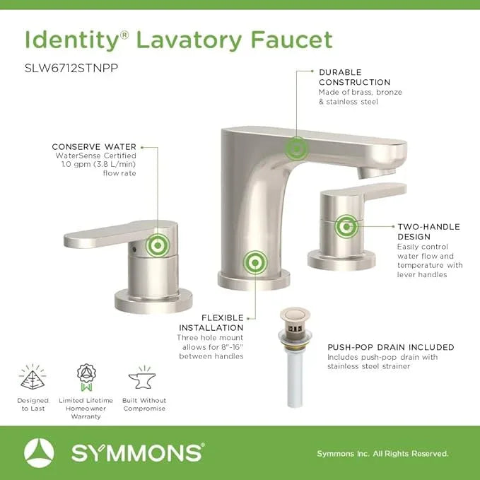 Symmons Identity Widespread Two-Handle Bathroom Faucet with Push Pop Drain (1.0 GPM), Satin Nickel - ModernBath