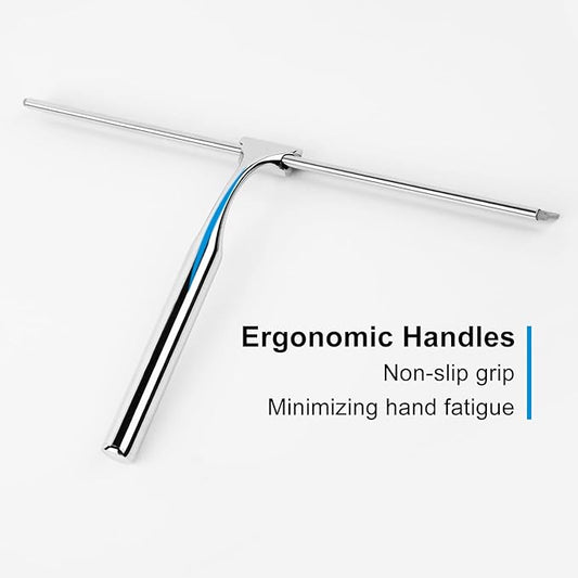 Shower Squeegee for Glass Doors, 12" Stainless Steel Squeegees for Shower Doors, Bathroom, Window and Car Glass, All-Purpose Cleaning Squeegee with Matching Hooks Holder, 1 Replacement Squeegee Blade