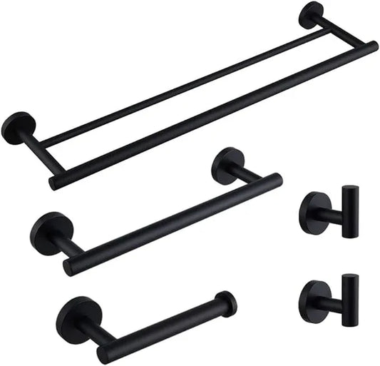 Matte Black Bathroom Accessories Kit 5-Pieces Bathroom Hardware Set Wall Mounted - Includes 24" Double Towel Bar, 12" Hand Towel Bar, Toilet Paper Holder, 2X Robe Towel Hooks … - ModernBath
