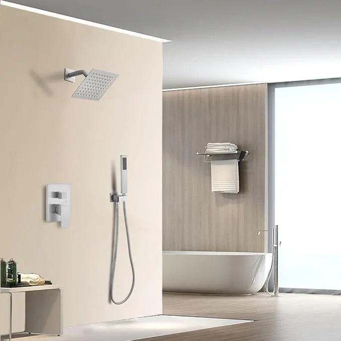 JingGang Shower System Brushed Nickel Bathroom Rainfall Shower Faucet Set Complete Wall Mounted 6 Inch Shower Head and Handle Set with Rough-in Valve Body and Trim Kit - ModernBath