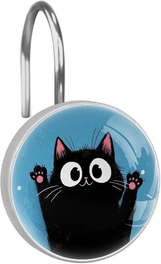 12 Packs Black Happy Cat Shower Curtain Hooks, Stainless Steel Glass Shower Curtain Rings for Bathroom, Rustproof Metal Curtain Rod Hooks - ModernBath