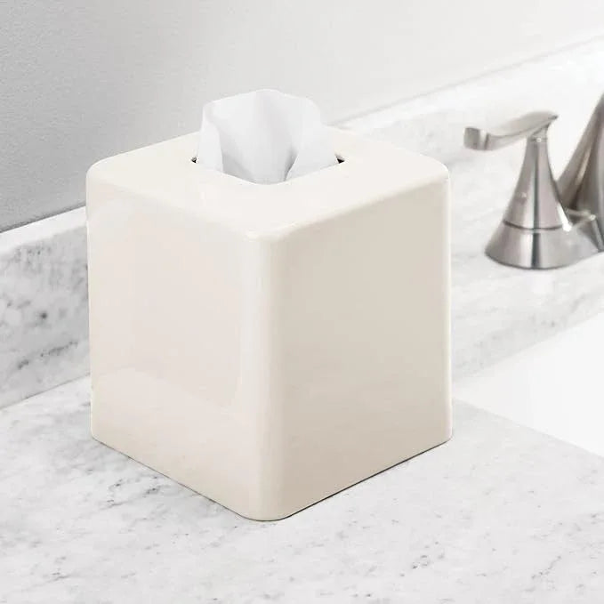 mDesign Metal Square Tissue Box Cover, Modern Facial Paper Holder - Accessories for Bathroom Vanity Countertop, Bedroom Dresser, Night Stand, Desk, Office, End Table - Unity Collection - Cream/Beige - ModernBath