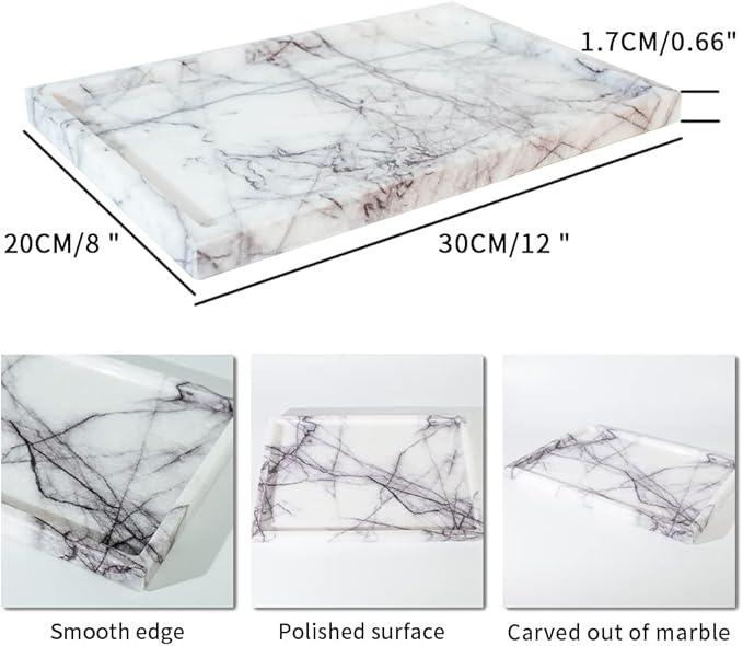Real Luxurious Vanity Tray Natural Genuine Marble Storage Tray for Home Decor Stone Tray for Bathroom/Kitchen/Vanity/Dresser Non-Resin/Non-Ceramic(Lilac) - ModernBath