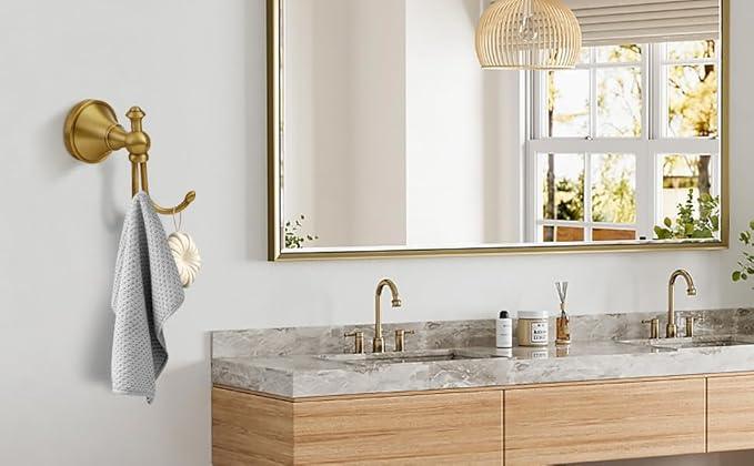 Antique Brass Towel Hook, Brass Bathroom Robe Hook, Rustic Double Towel Hooks Bath Farmhouse Coat Clothes Hook Wall Mounted for Bathroom Kitchen Washroom - ModernBath