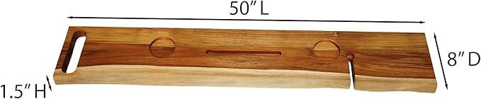 EcoDecors Eleganto 50" Live Edge Solid Teak Bath Caddy Tray with Handle, Book & Tablet Holder, Wine Glass Holders, Luxury Bathtub Tray - ModernBath