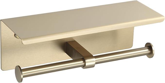 BGL Toilet Paper Holder with Shelf Matte Brushed Gold Double Head Toilet Tissue Roll Holder 304 Stainless Steel Wall Mount for Bathroom - ModernBath