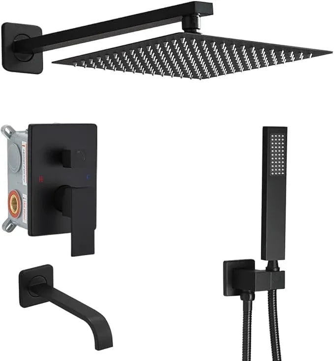 JingGang Matte Black Rain Shower System Tub Shower Faucet Set 12 Inch Square Rainfall Shower Head with Handheld Sprayer and Tub Spout Rough-in Valve Shower Mixer Combo Kit - ModernBath