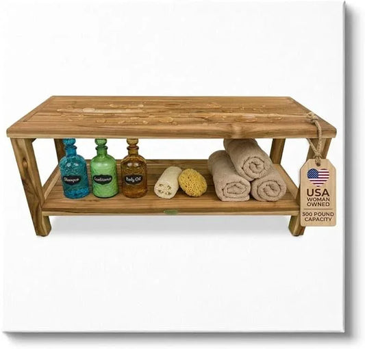 EcoDecors Teak Shower Bench with Large Storage Shelf 36", 300 lb Capacity – Waterproof Bathroom Seat with Non-Slip Feet, Elegant Natural Teak Finish, Ideal for Adults, Seniors, & Spa-Style Bathrooms - ModernBath