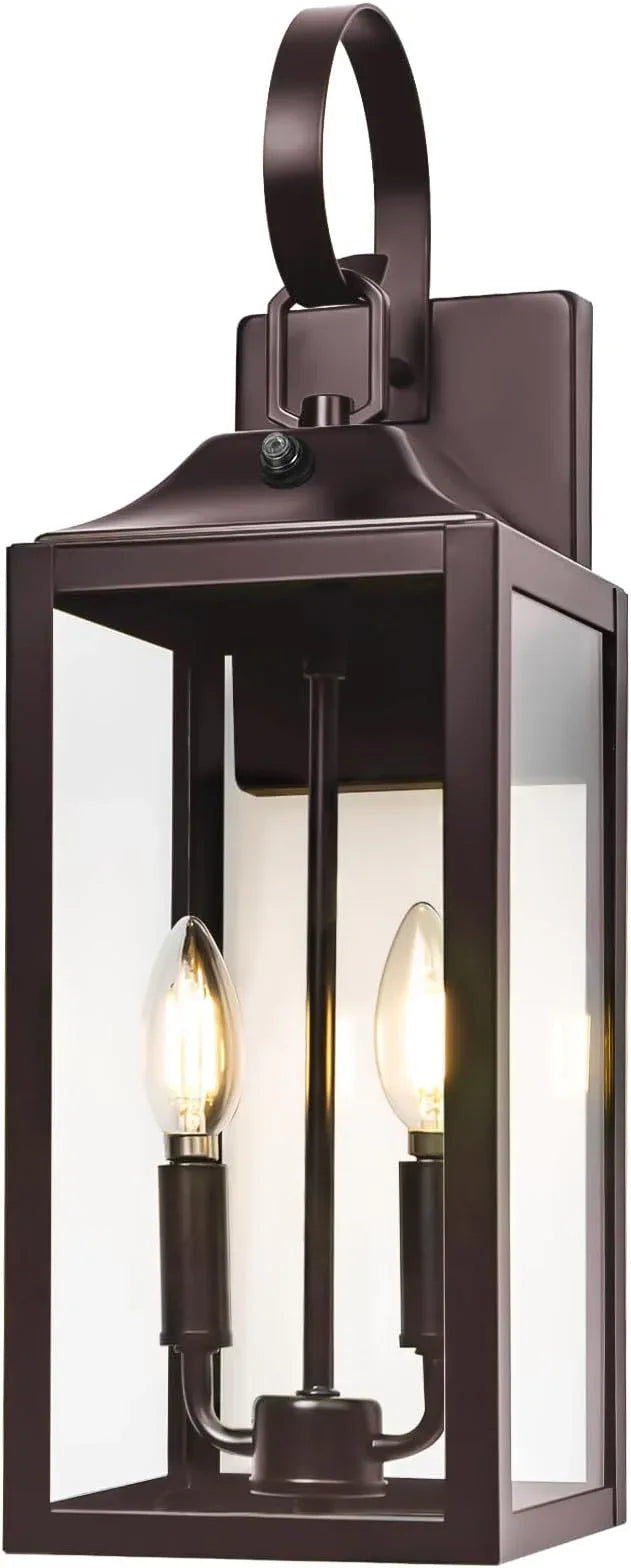 Oil Rubbed Bronze Dusk to Dawn Outdoor Wall Lighting, 19" Large Outside Modern Wall Sconce Lantern, Industrial Porch Light Wall Mount, Waterproof Farmhouse Exterior Lamp 2-Light Brown - ModernBath