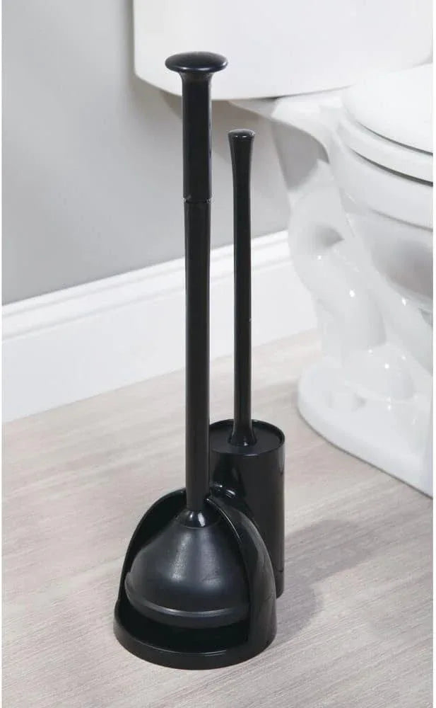 mDesign Hidden Plunger and Brush Set for Toilet Bowl - Brush Cleaner and Plunger Combo with Holder Caddy for Bathroom - Modern Toilet Brush and Plunger Set - Aura Collection - 2 Pack - Black - ModernBath