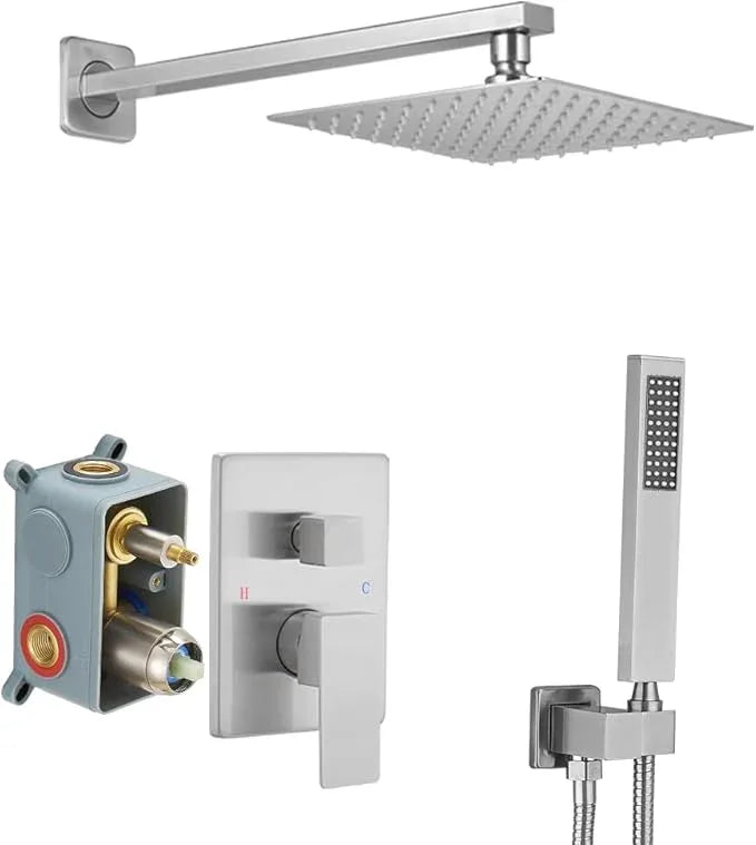 Heable Brushed Nickel Shower System Bathroom Luxury Rain Mixer Shower Combo Set Wall Mounted Rainfall Shower Head System Shower Faucet Rough-in Valve Body and Trim Kit - ModernBath