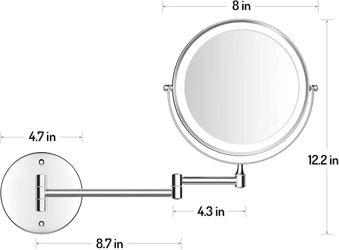 Rocollos Rechargeable Wall Mounted Lighted Makeup Mirror, 8 Inch Double-Sided LED Vanity Mirror 1X/7X Magnification,3 Color Lights Touch Screen Dimmable 360°Swivel 13 Inch Extendable - ModernBath