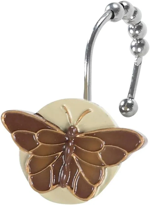 Rustproof Butterfly Shower Curtain Hooks, Vintage Brown Chocolate Bathroom Shower Curtain Hooks, 5 Roller Ring Balls Decorative Shower Hooks for Butterfly Floral Farmhouse Shower Curtain, Set of 12 - ModernBath