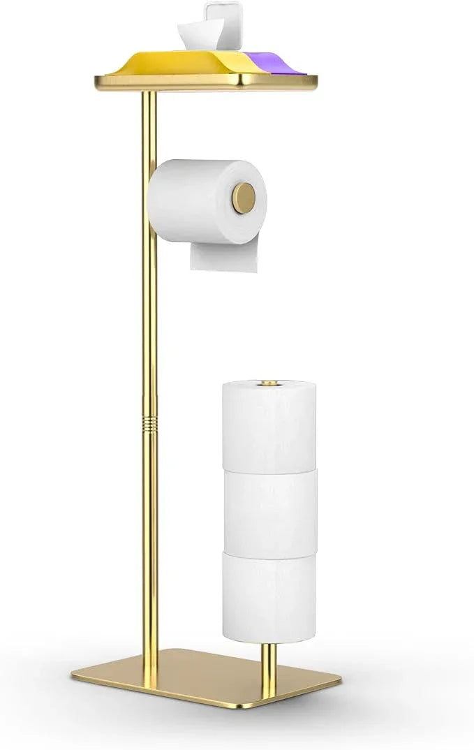 Day Moon™ Gold Toilet Paper Holder Free Standing Toilet Paper Holder with Storage - Toilet Paper Stand and Tissue Holder for Bathroom - Toilet Paper Holder with Shelf and Wipe Holder - ModernBath